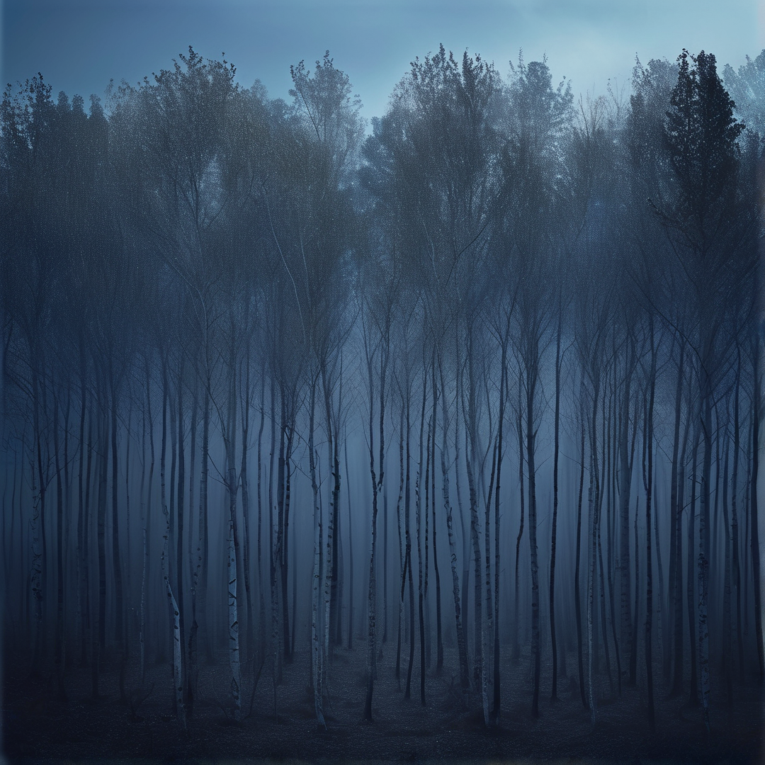 Tall white birch trees stand vertically in a dense forest shrouded by thick blue fog and dim twilight light.