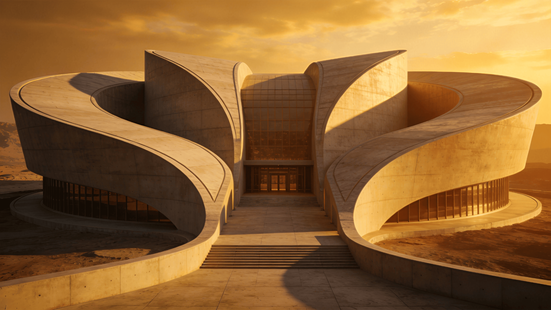 Museum with Curved Concrete — Golden Sunset