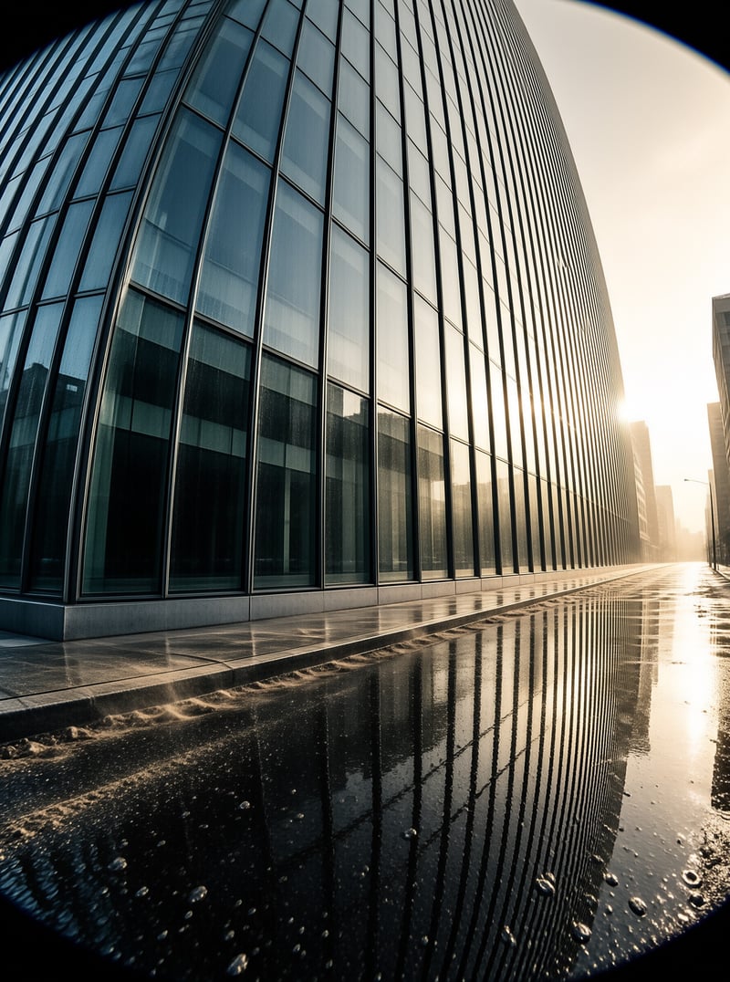 A curved glass office building lines wet pavement as low warm sunlight reflects on the damp street and its facade.