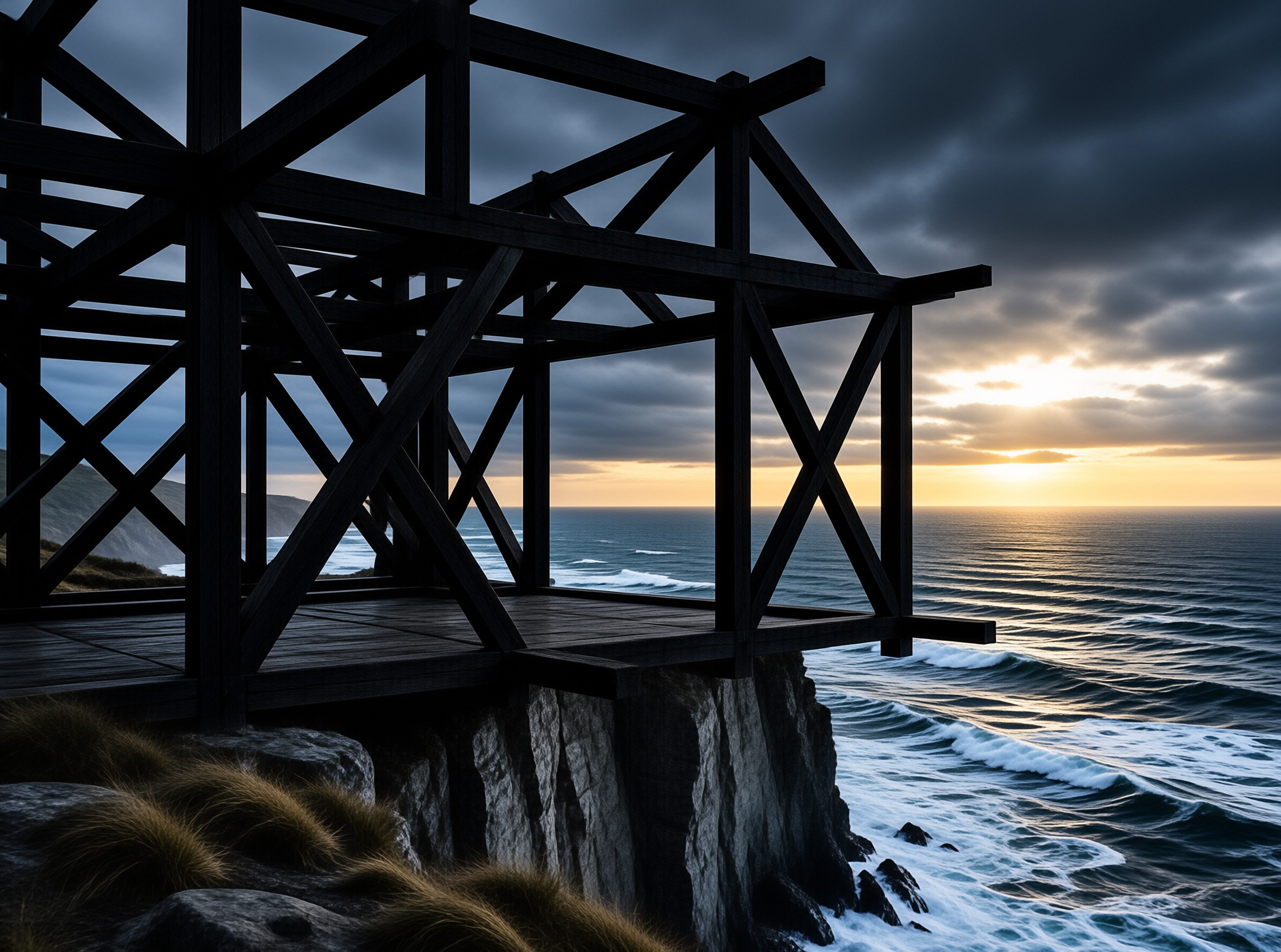 A dark wooden shelter stands on a cliff edge facing the ocean under a dramatic cloudy sky with sunset glow.