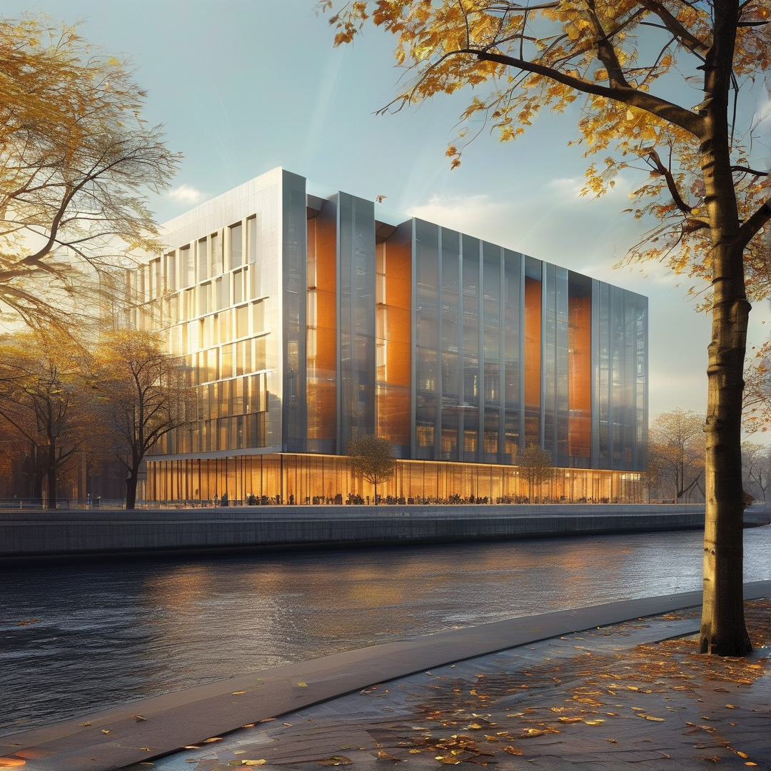 A glass office building rests along a calm river at golden hour, autumn trees lining the shore glow warm in the low light.
