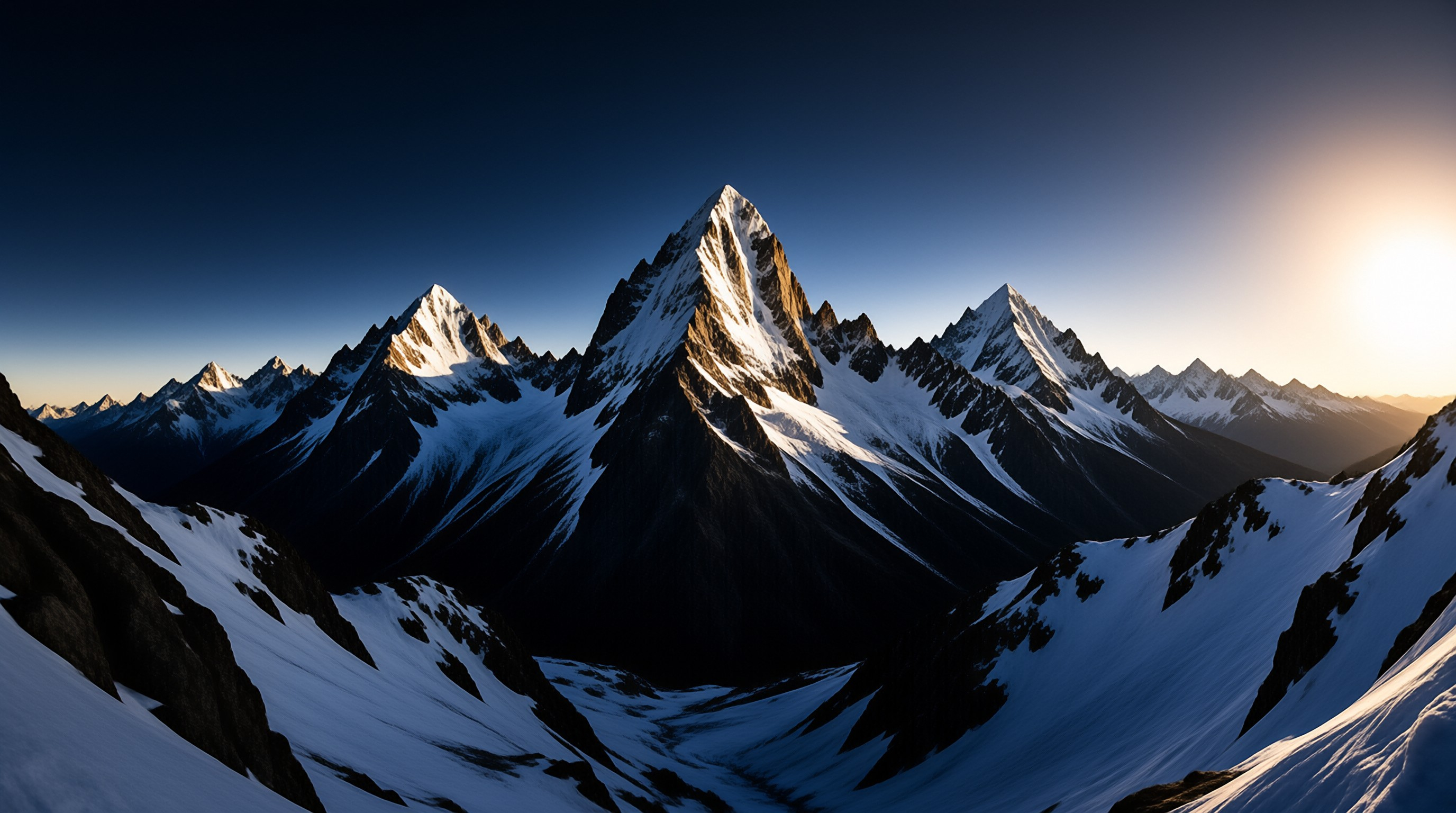Sharp snowy mountain peaks rise above dark valleys while low sunlight casts golden highlights on the right side