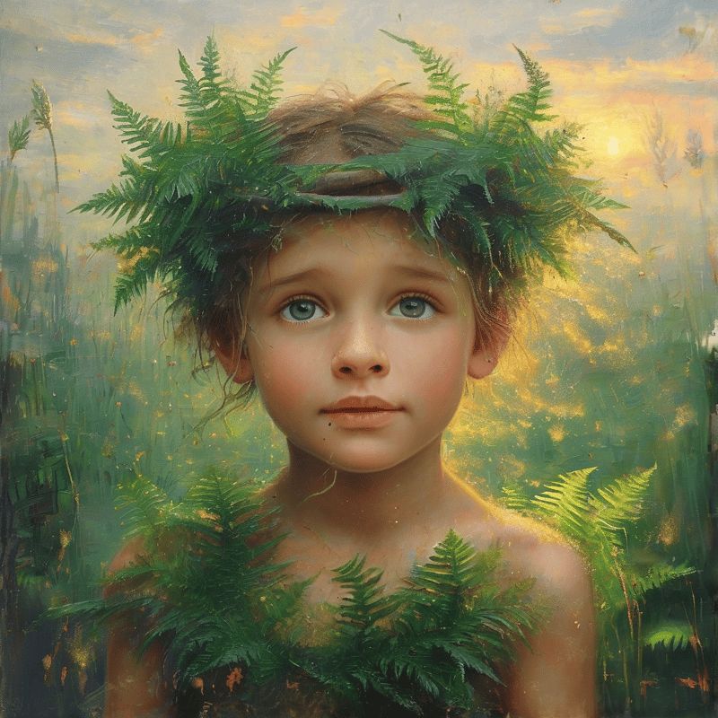 A young child adorned with green fern leaves stands in a grassy field during a warm sunset.