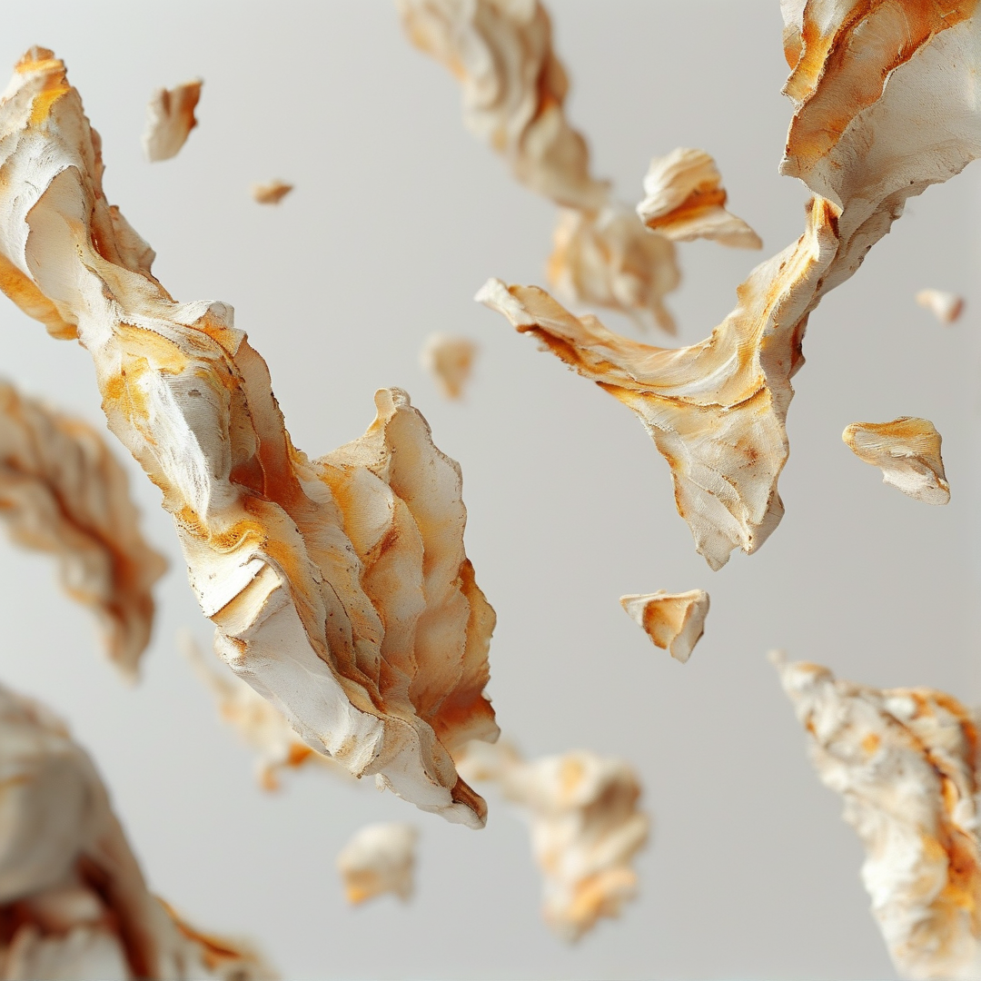 Crinkled white and orange organic fragments hover freely against a clean neutral gray studio environment with soft directional lighting.