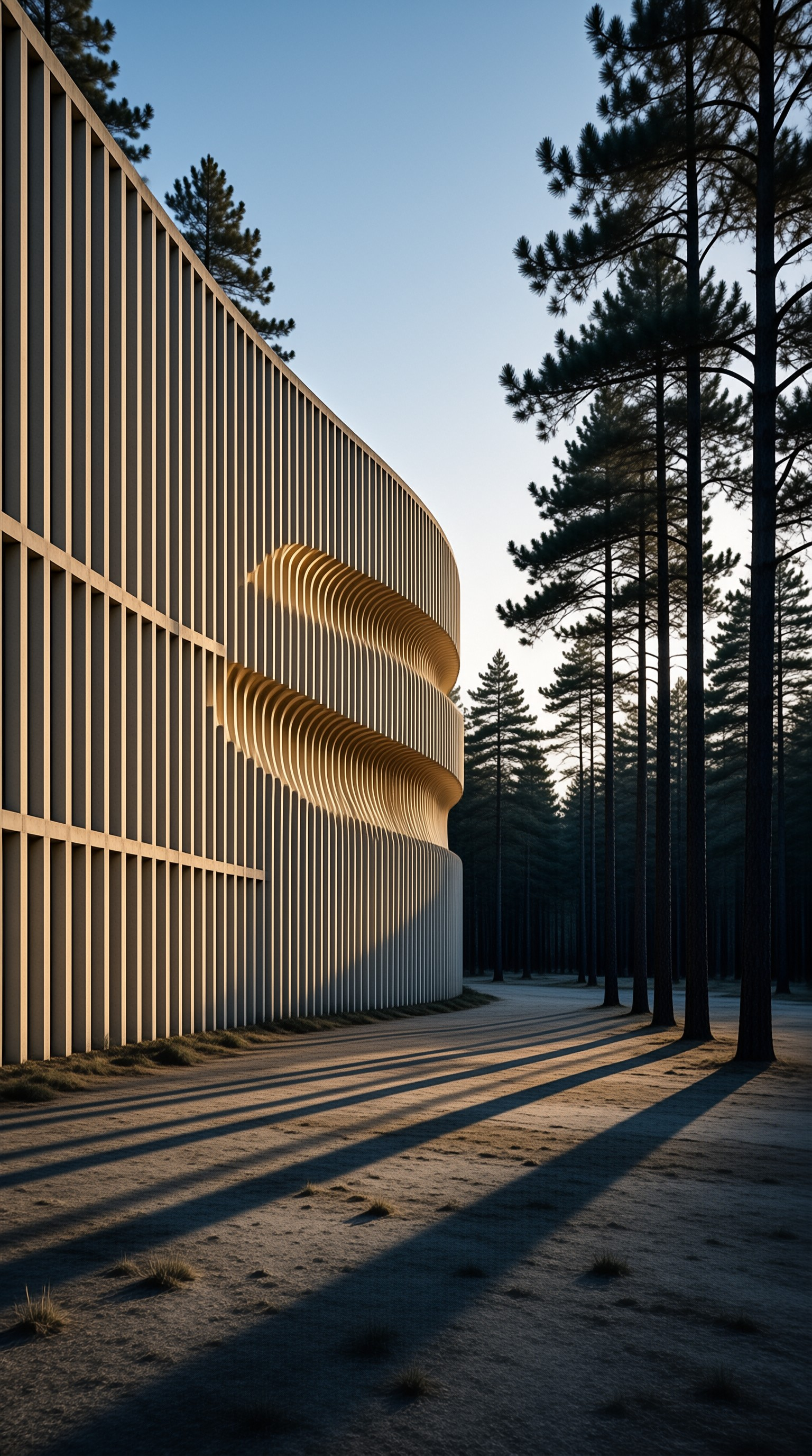 A sweeping wall of pale vertical slats curves around a modern pavilion, ringed by tall pines and long evening shadows.