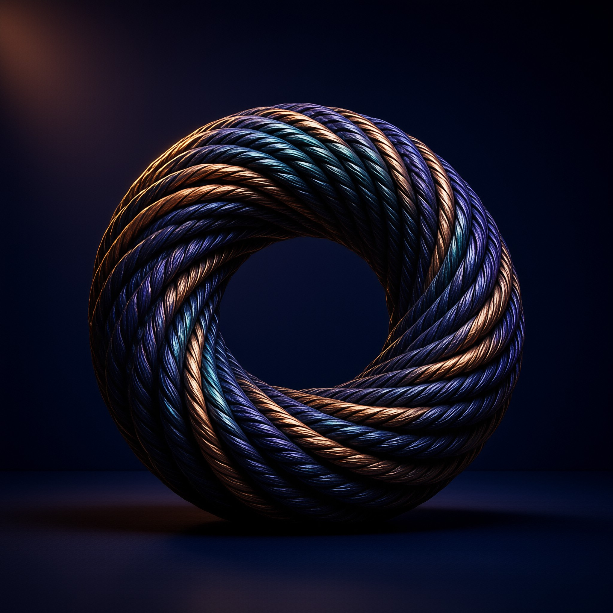 A thick twisted rope ring of blue purple and gold strands rests on a dark surface with soft warm highlights from the left side.