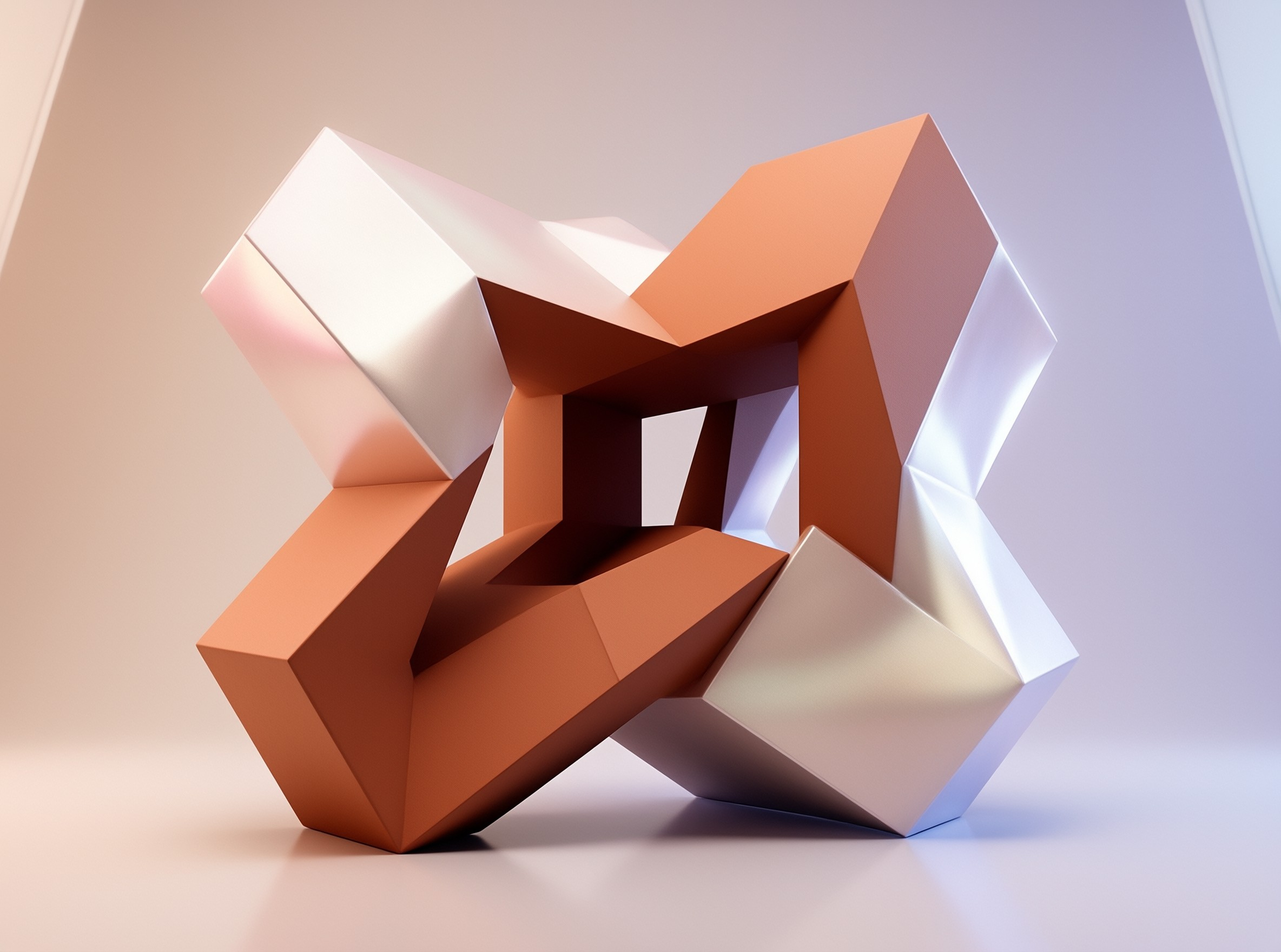 A glossy twisted cone of pearly pink and blue light sits alone on a plain white floor