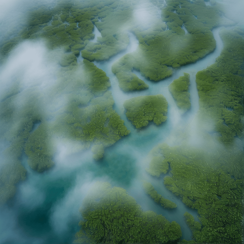 Aerial perspective of green marsh islands divided by pale blue water channels partially hidden by low fog.