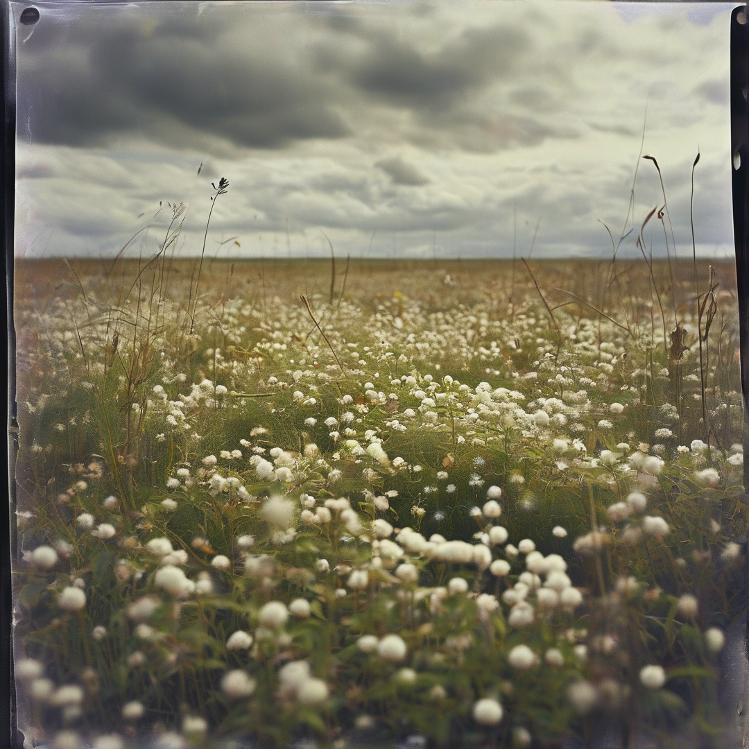 A wide shot of a meadow filled with white fluffy flowers beneath a heavy overcast sky with muted vintage tones.