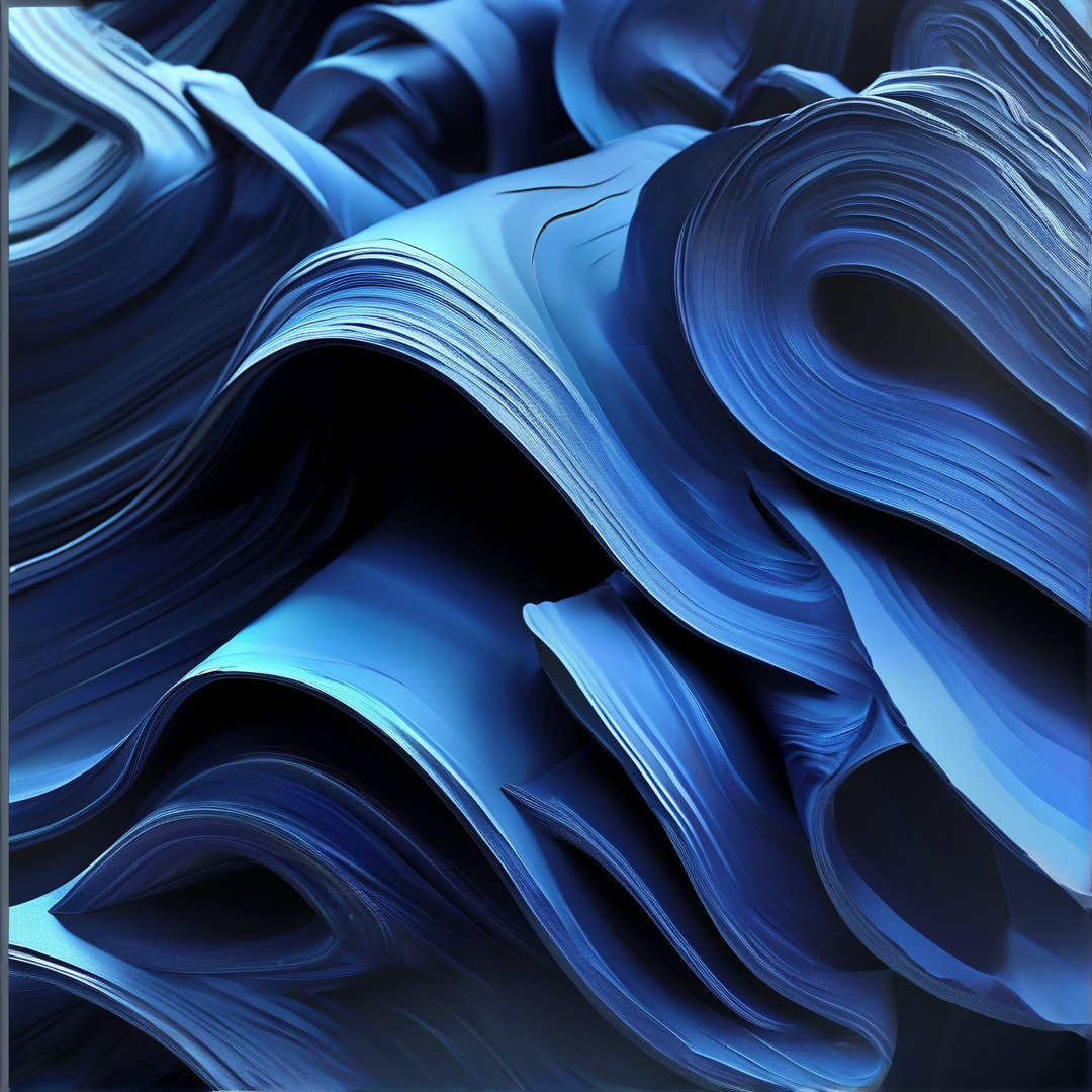 Abstract blue shapes resembling silk or rock layers with high contrast lighting showing smooth ridges and shadows.