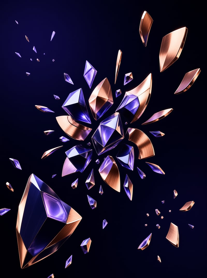 Faceted amethyst colored gems and brushed bronze petals scatter outward through a deep indigo void.