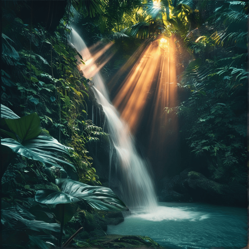 Golden light beams break through dense tropical leaves onto a waterfall pouring into a turquoise pool.