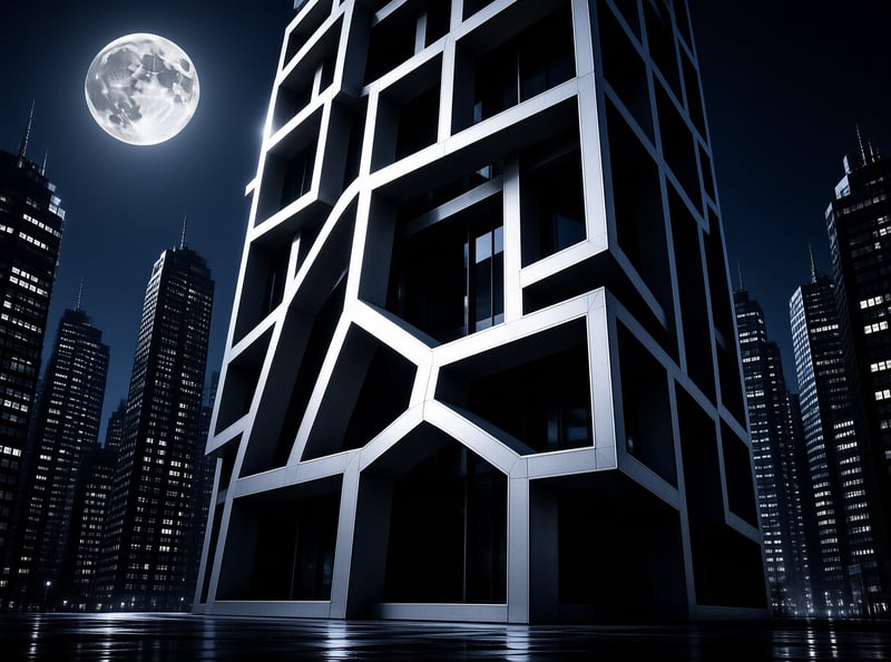 A massive angular structure with white framing dominates the foreground while a bright full moon hangs in the deep blue sky above a cluster of dark city buildings and reflective wet pavement.