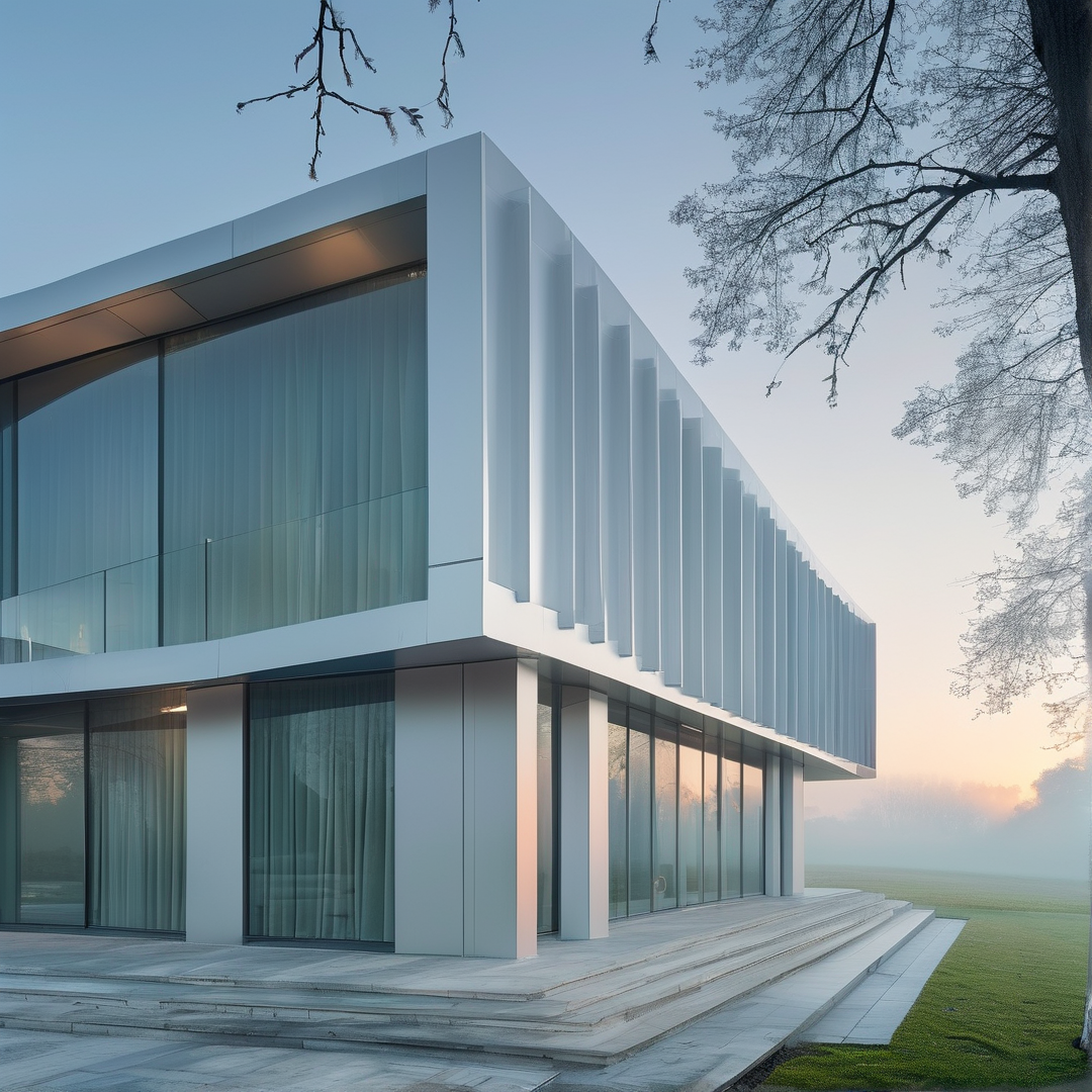 A white villa sits on stone steps facing a foggy grassland under a soft pastel sky.