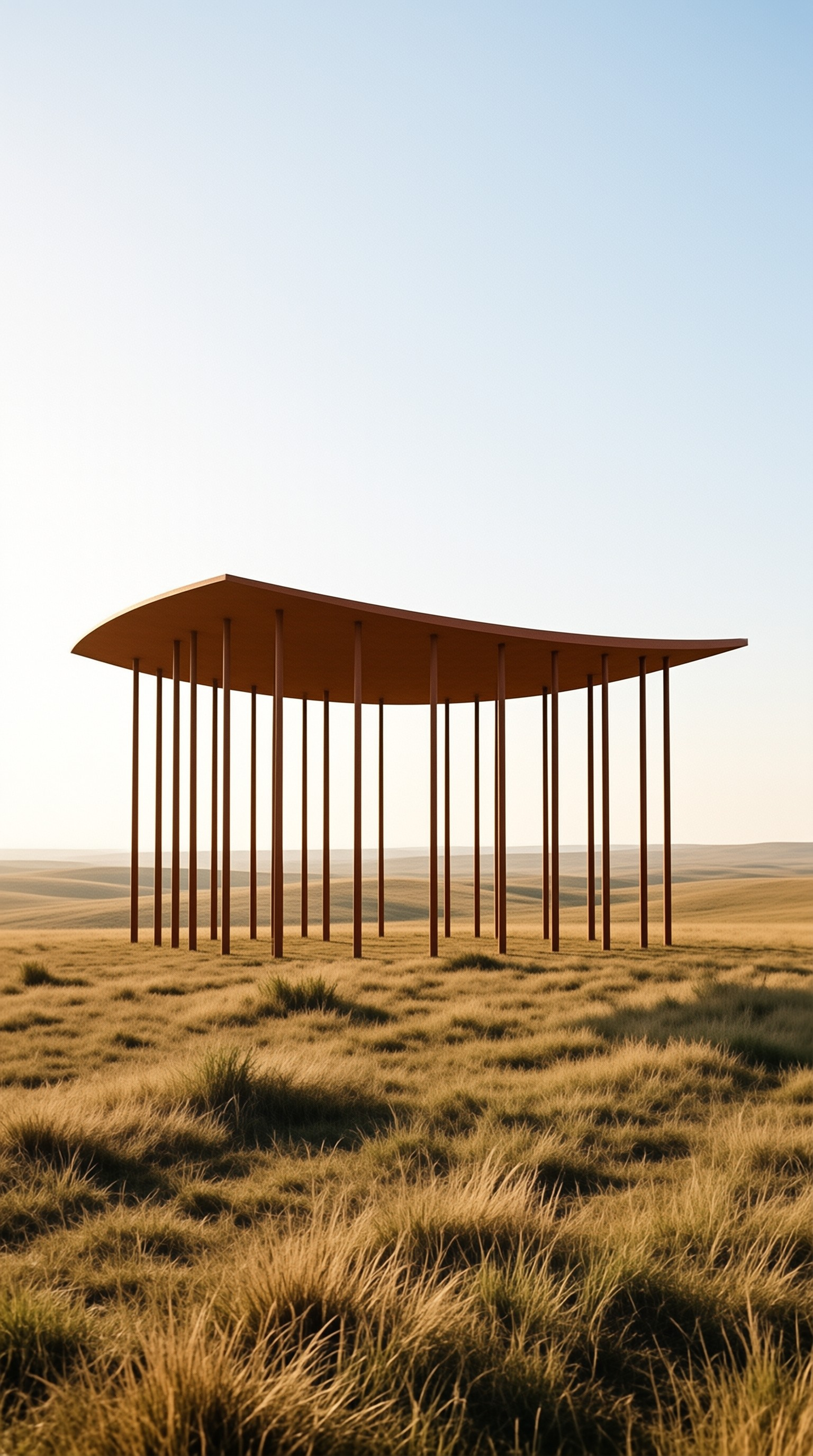 A minimalist shelter with a curved roof stands amidst rolling grasslands under warm evening light.