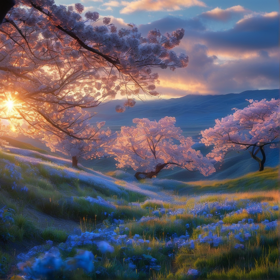 Sunlit Blossoms on Hill