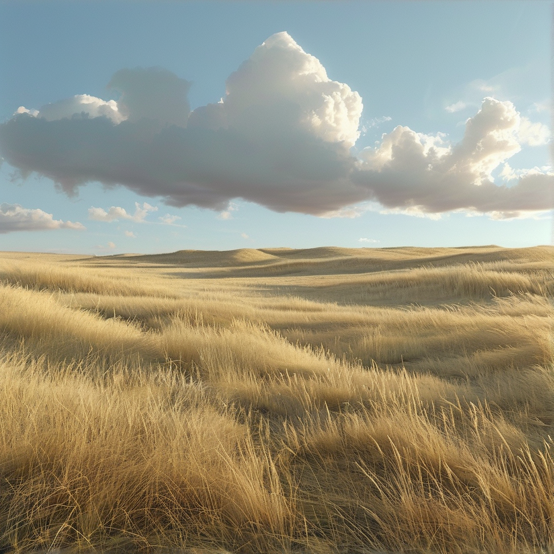 Sunlight illuminates a sprawling golden prairie landscape with undulating terrain beneath towering white formations.