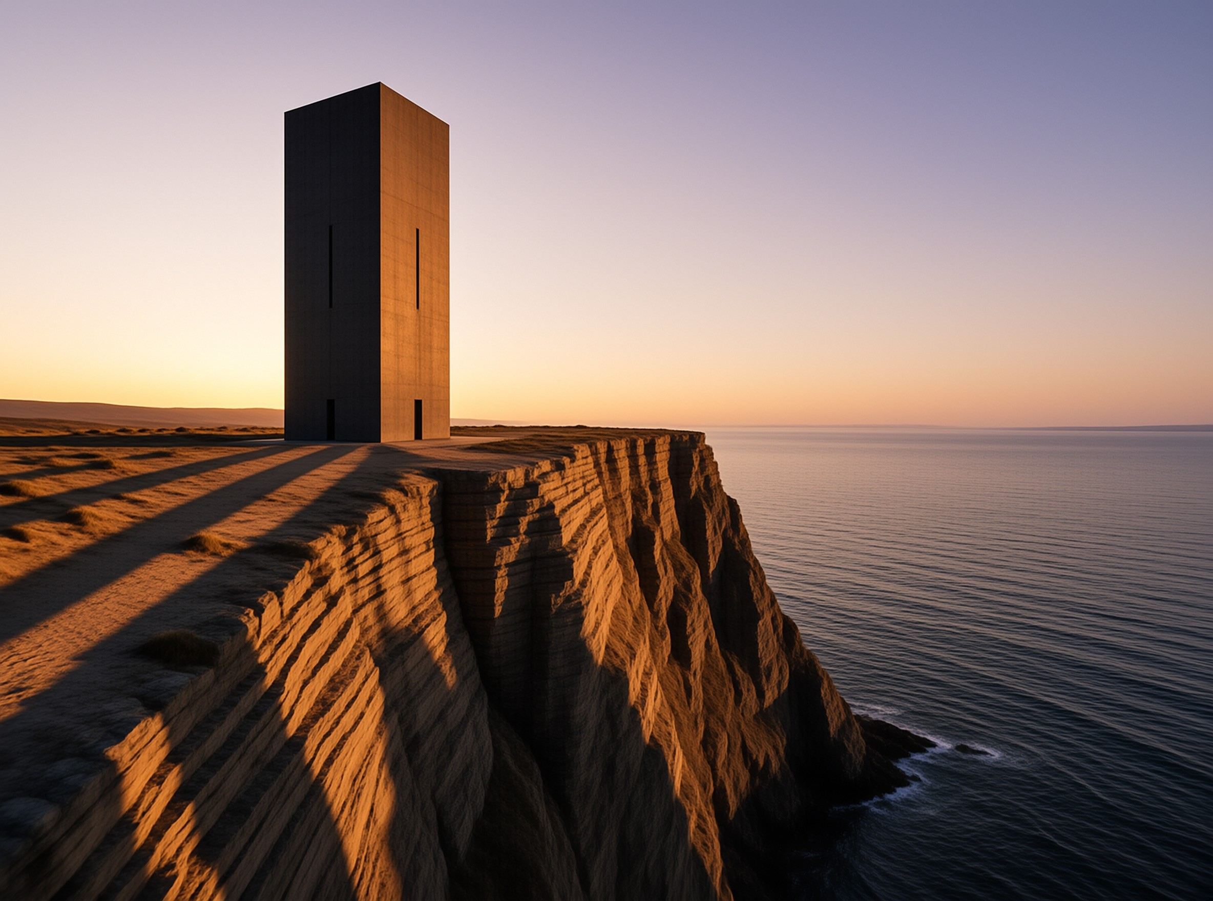 A tall rectangular building stands on a rocky promontory overlooking the calm sea during the warm light of evening.