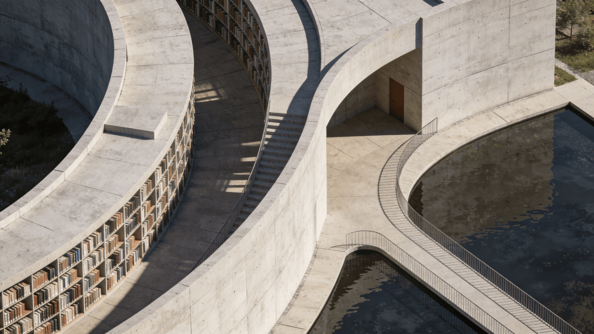 Library with Curved Concrete — Reflecting Pool