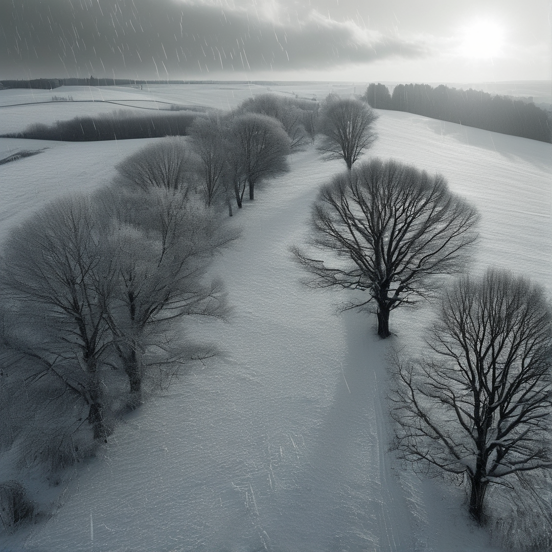 A row of leafless trees stands in a snow blanketed landscape while snow falls from a cloudy sky