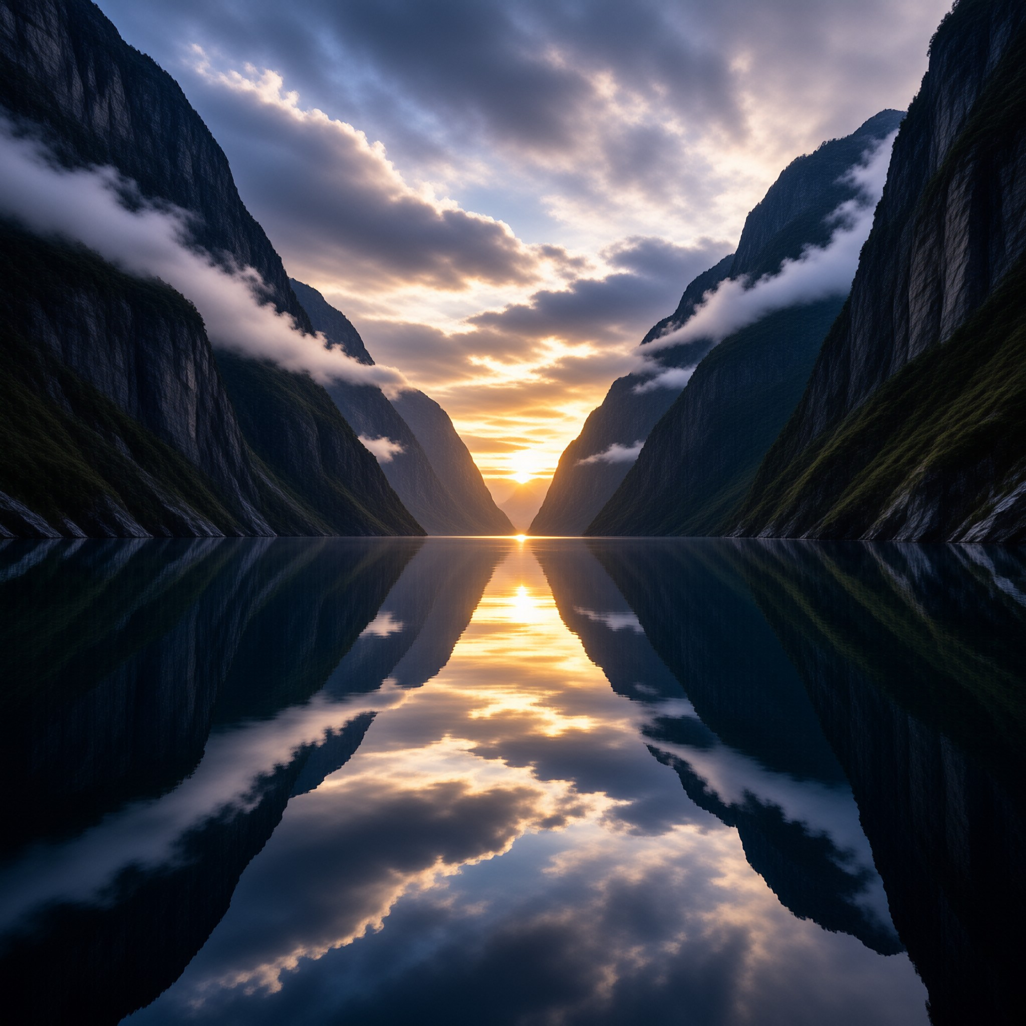 A calm lake mirrors the bright sun setting between tall dark mountains with clouds drifting near the peaks.