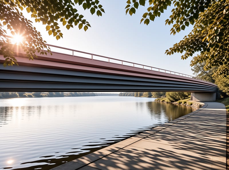 A modern bridge crosses a calm river while sunlight filters through leaves casting shadows on the paved path nearby.