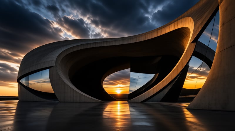 A sweeping concrete building with glass panels reflects the warm sunset light on wet pavement.