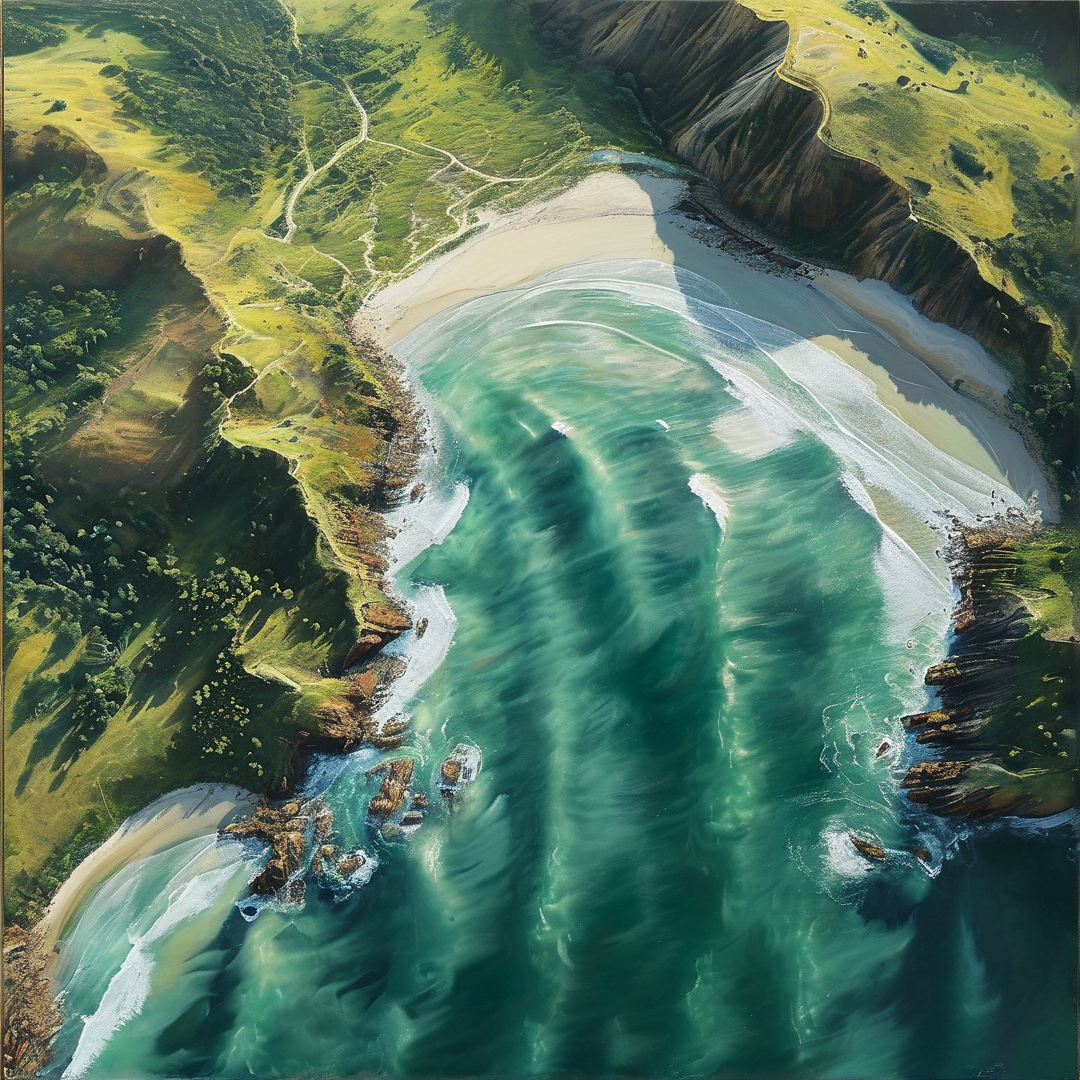 Turquoise waves swirl around a sandy beach bordered by lush green hills and rocky cliffs in bright sunlight.