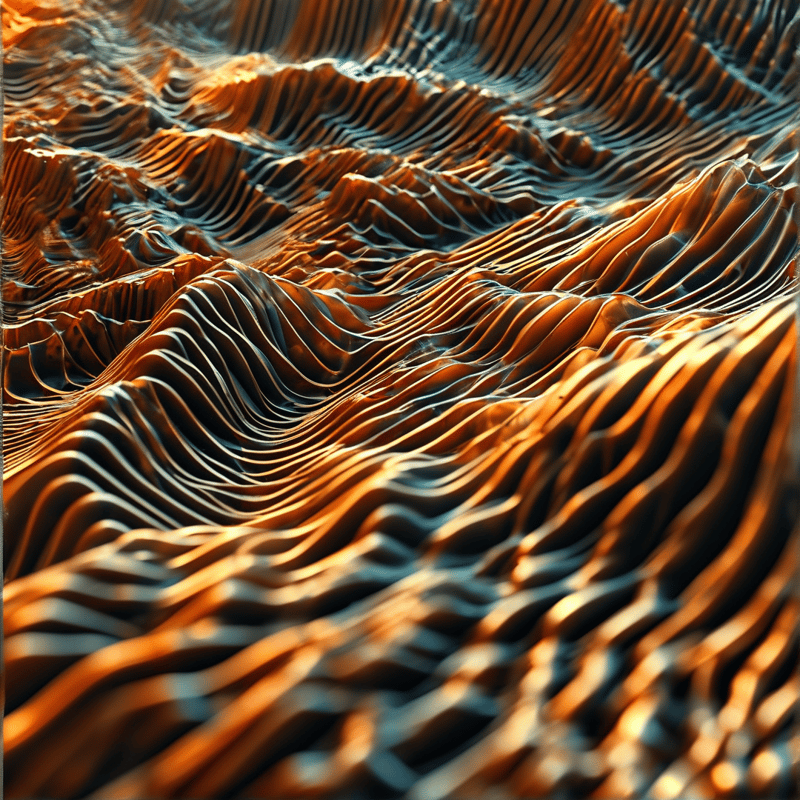 Undulating desert terrain features sharp ridges highlighted by warm sunlight against cool blue shadows.