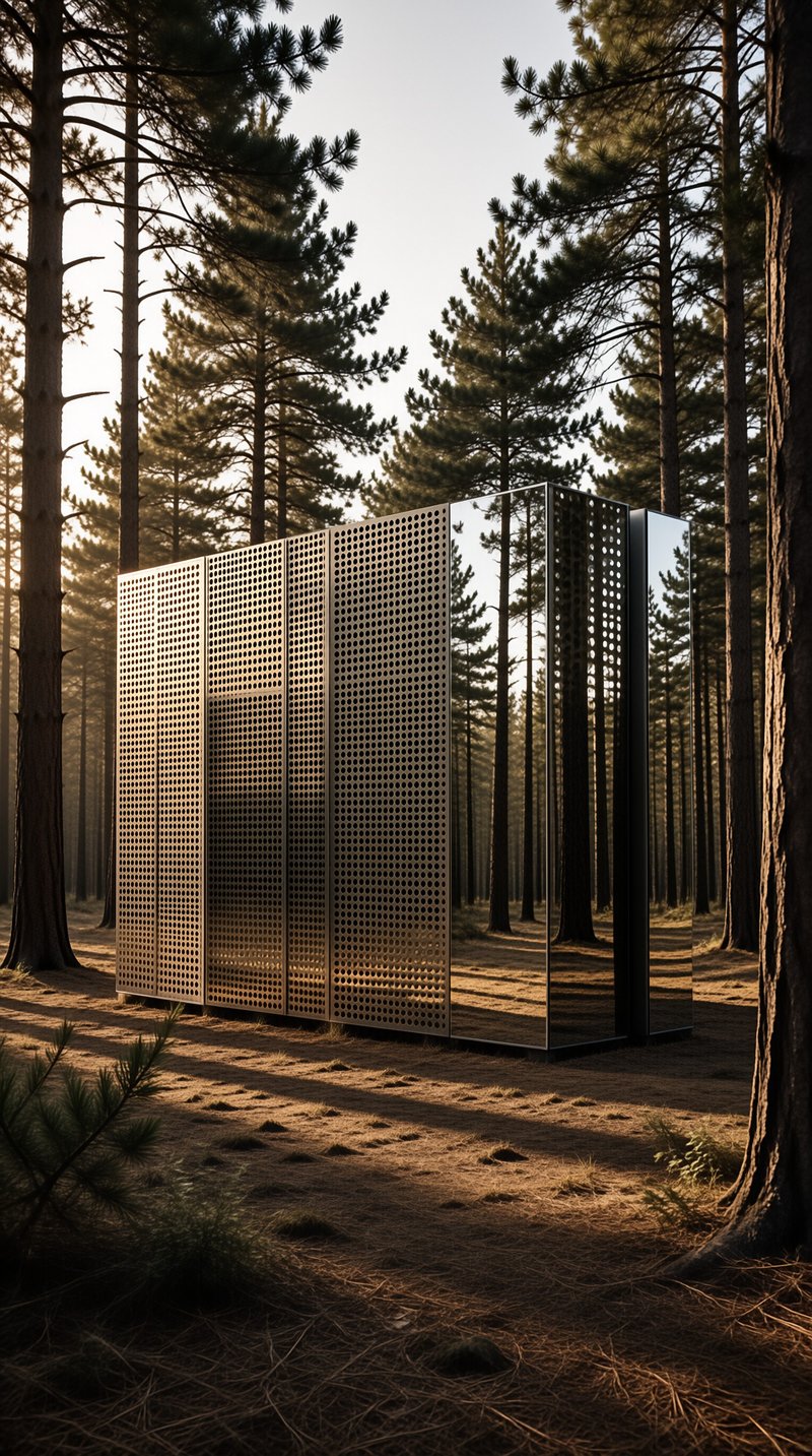 A rectangular installation with perforated metal and mirrors stands among pine trees in warm golden light.