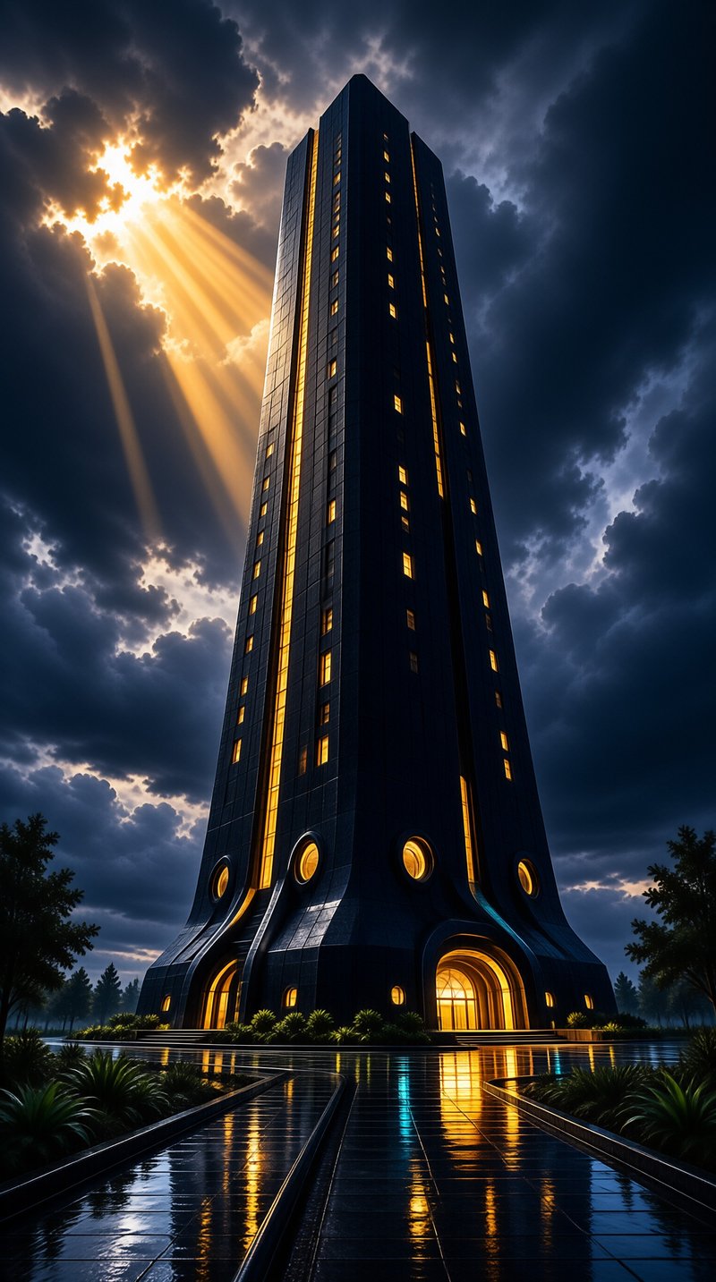 A sleek dark skyscraper with glowing amber windows rises beneath sunbeams breaking through storm clouds.