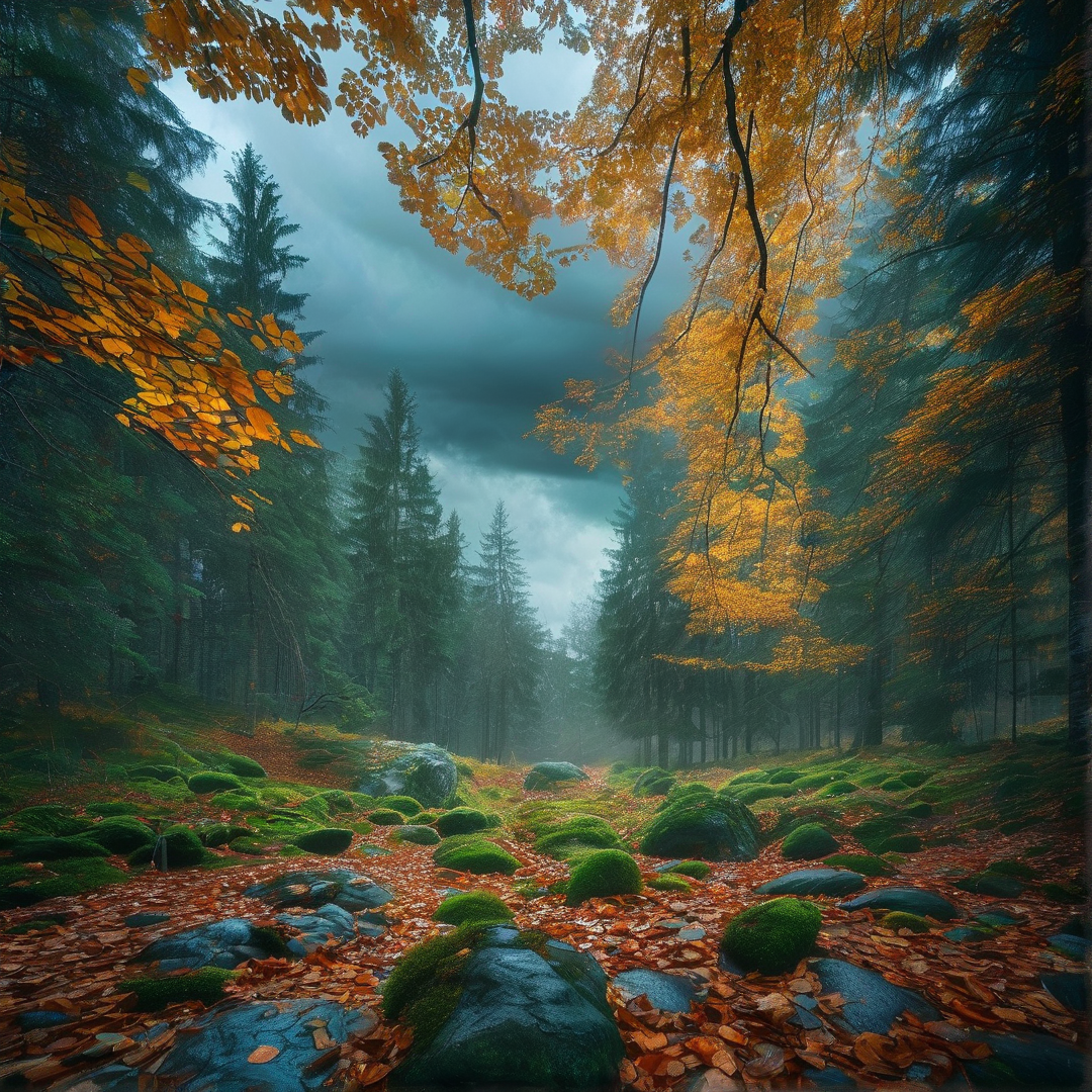 Misty Autumn Forest Stream
