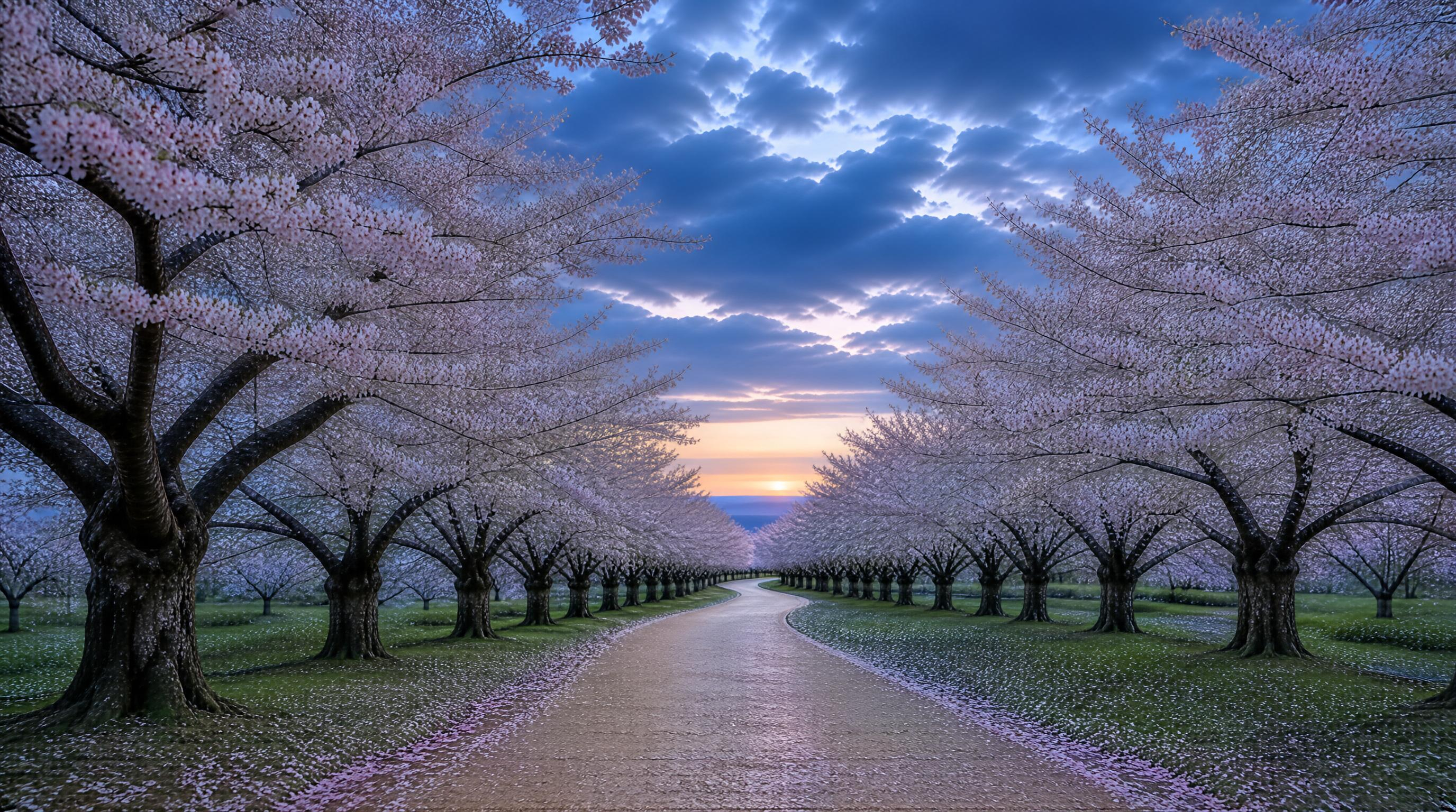 Cherry Blossom Path at Dusk