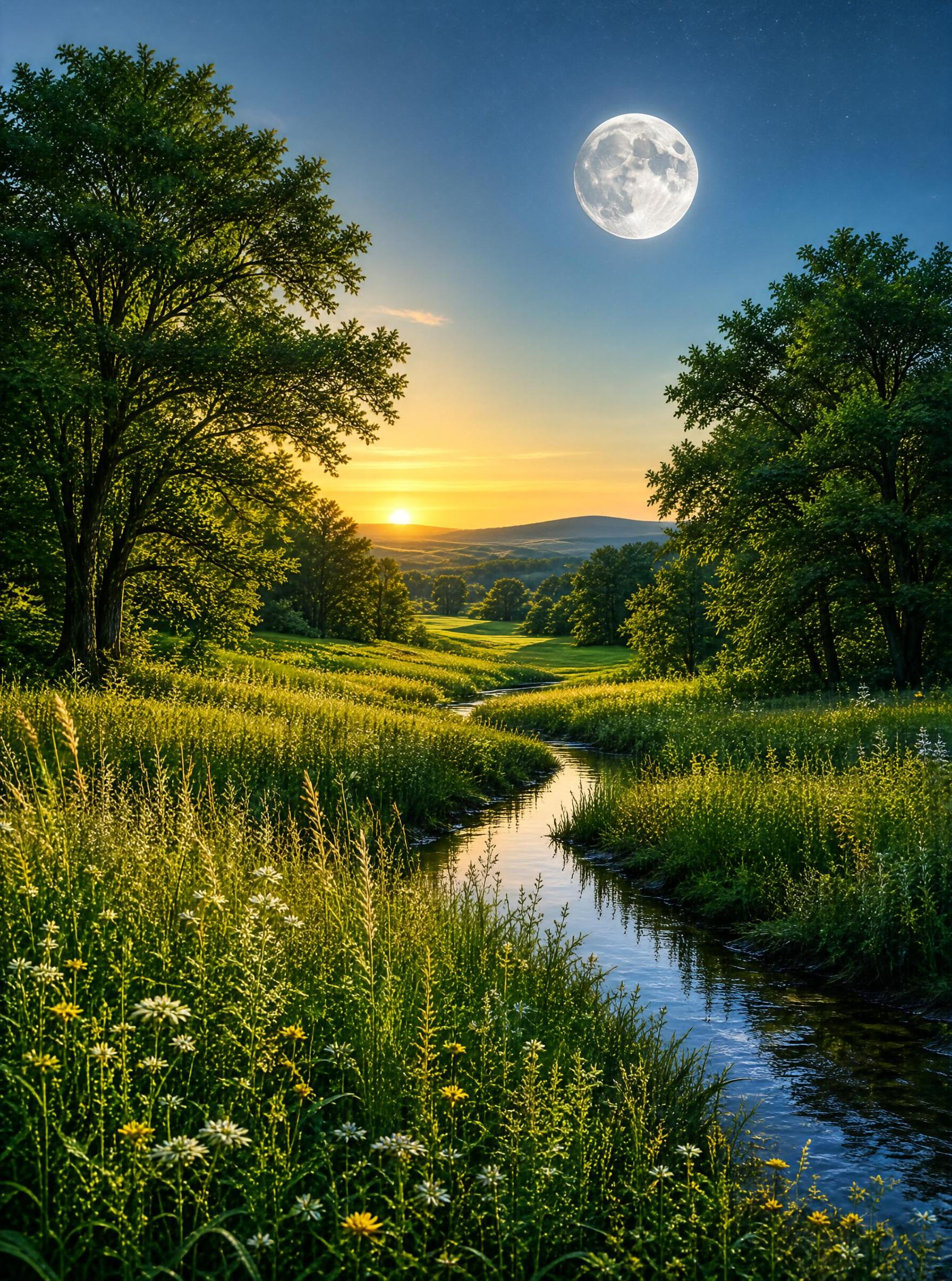 Moonlit Stream in Meadow
