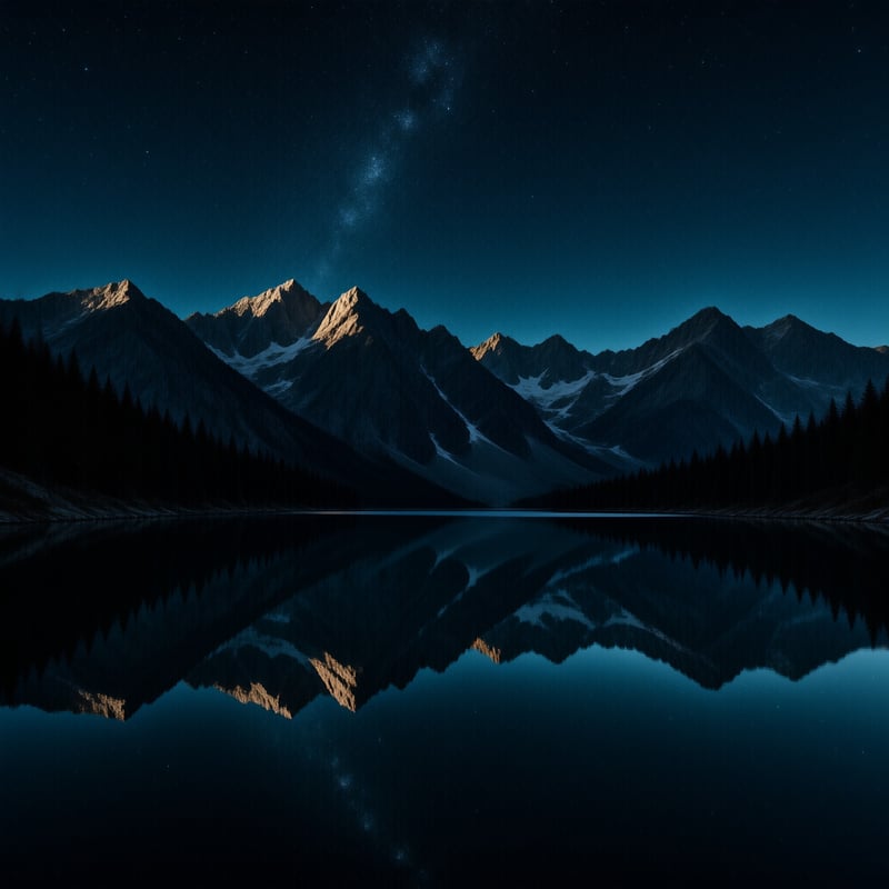 Illuminated mountain peaks stand against a starry night sky while their reflection shimmers in the calm water of a lake.