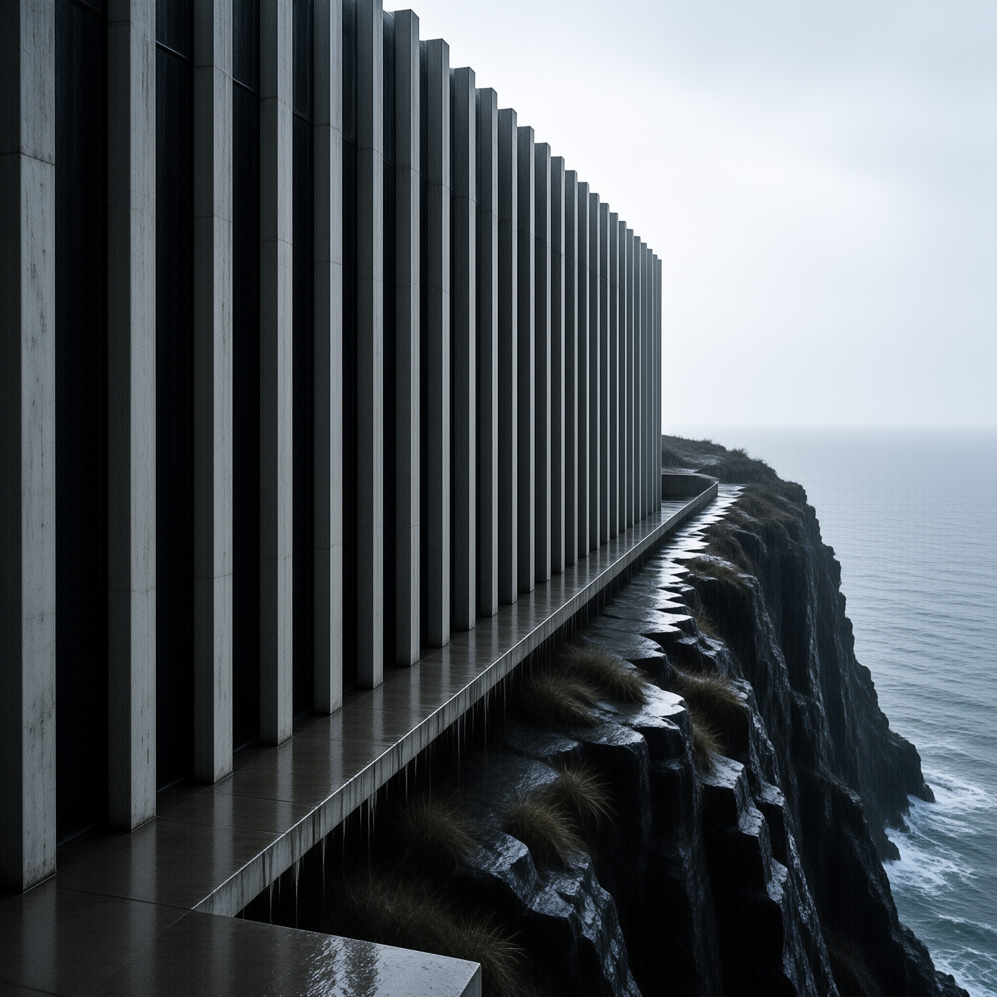 Vertical concrete columns line a wet walkway along a dark cliff edge overlooking the calm grey ocean.