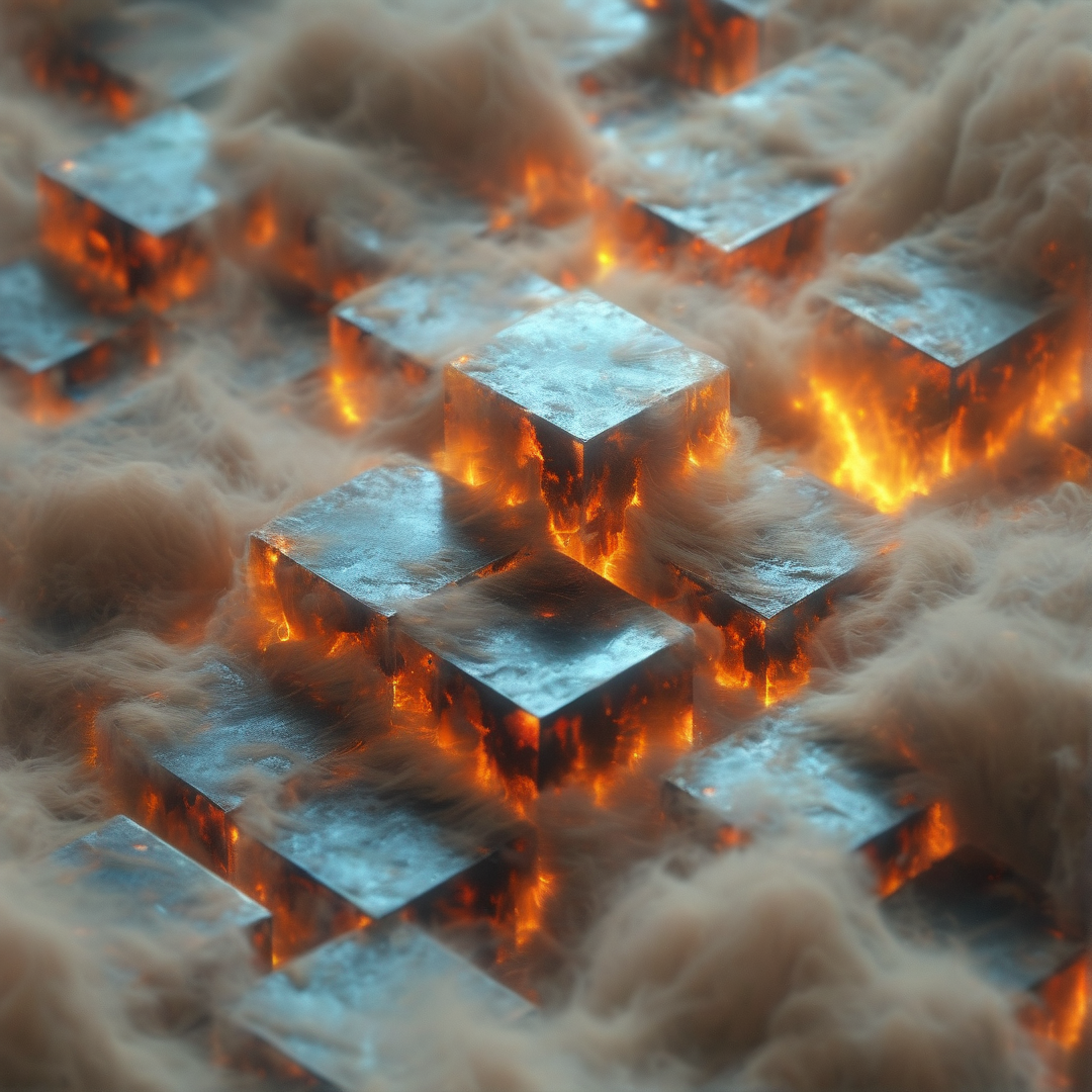 Shiny silver blocks emerge from swirling orange flames and dense grey smoke surrounding them.