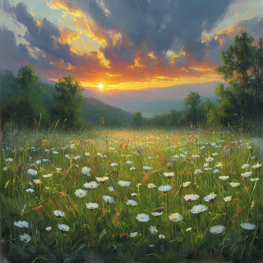Sunset in Flower Field