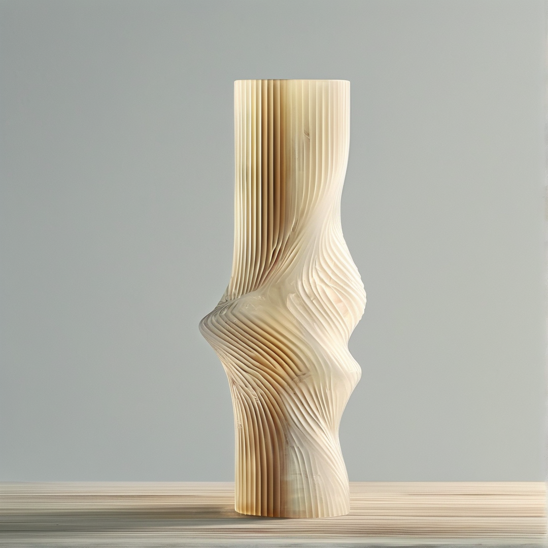 A tall cream sculpture with vertical ribs stands on a wooden surface against a grey wall