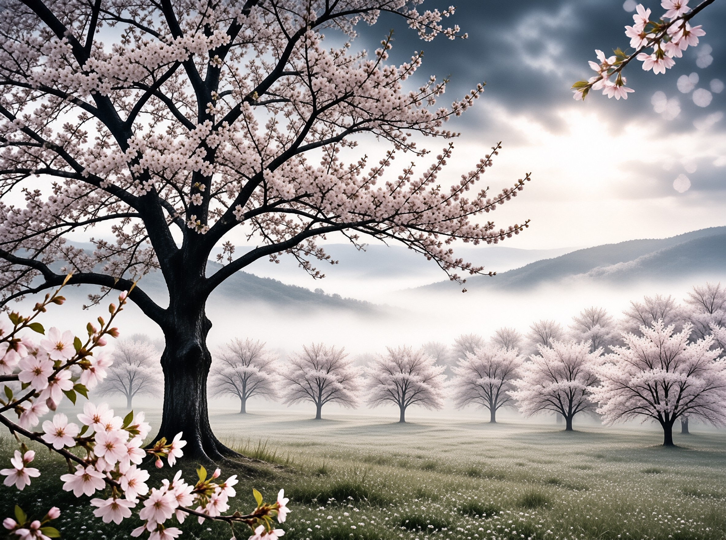 Pale cherry blossoms stand against a foggy valley where low clouds drift beneath heavy grey clouds.