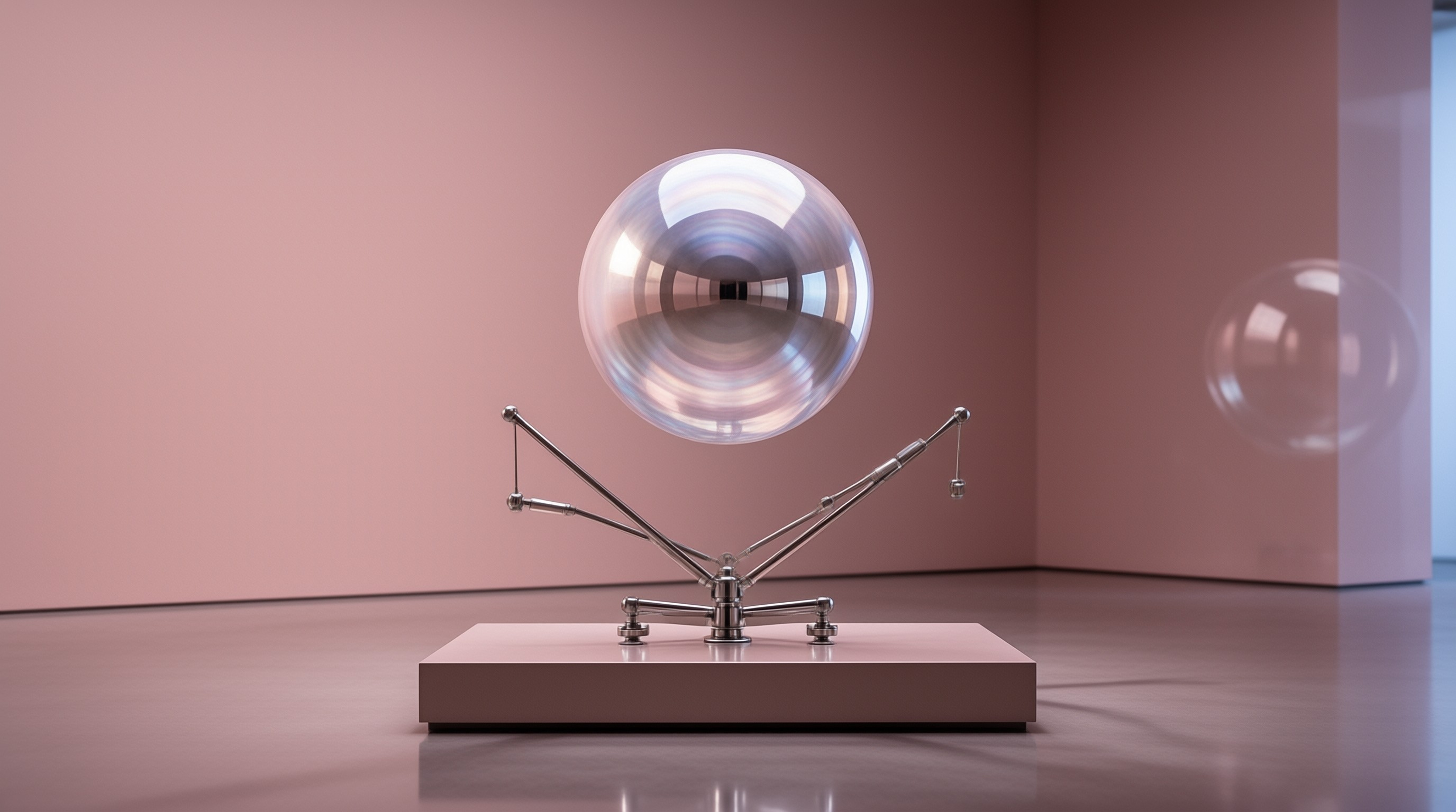 A reflective metallic orb hovers over a silver mechanical stand in a pink room.