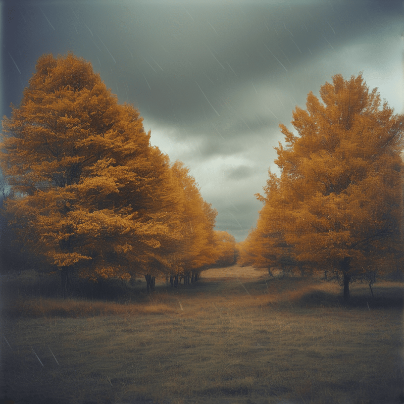 Golden trees line a grassy path under a dark sky while rain falls in the foreground.