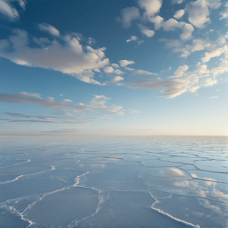 A shallow flooded salt pan reflects a bright sky full of drifting clouds, broken by pale mineral crust lines.