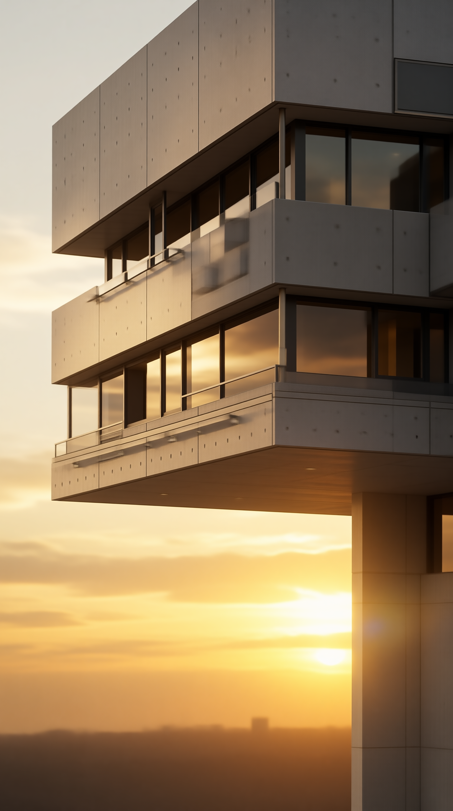 Cantilevered Concrete Building at Sunset