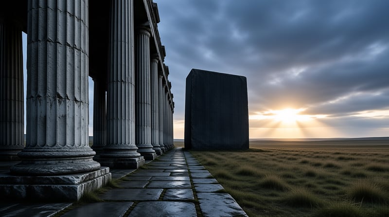 Ancient columns flank a wet stone path leading to a dark monolith on a vast plain during sunset.