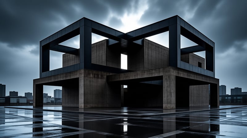 A massive geometric concrete structure stands on a wet pavement reflecting the overcast dark sky.