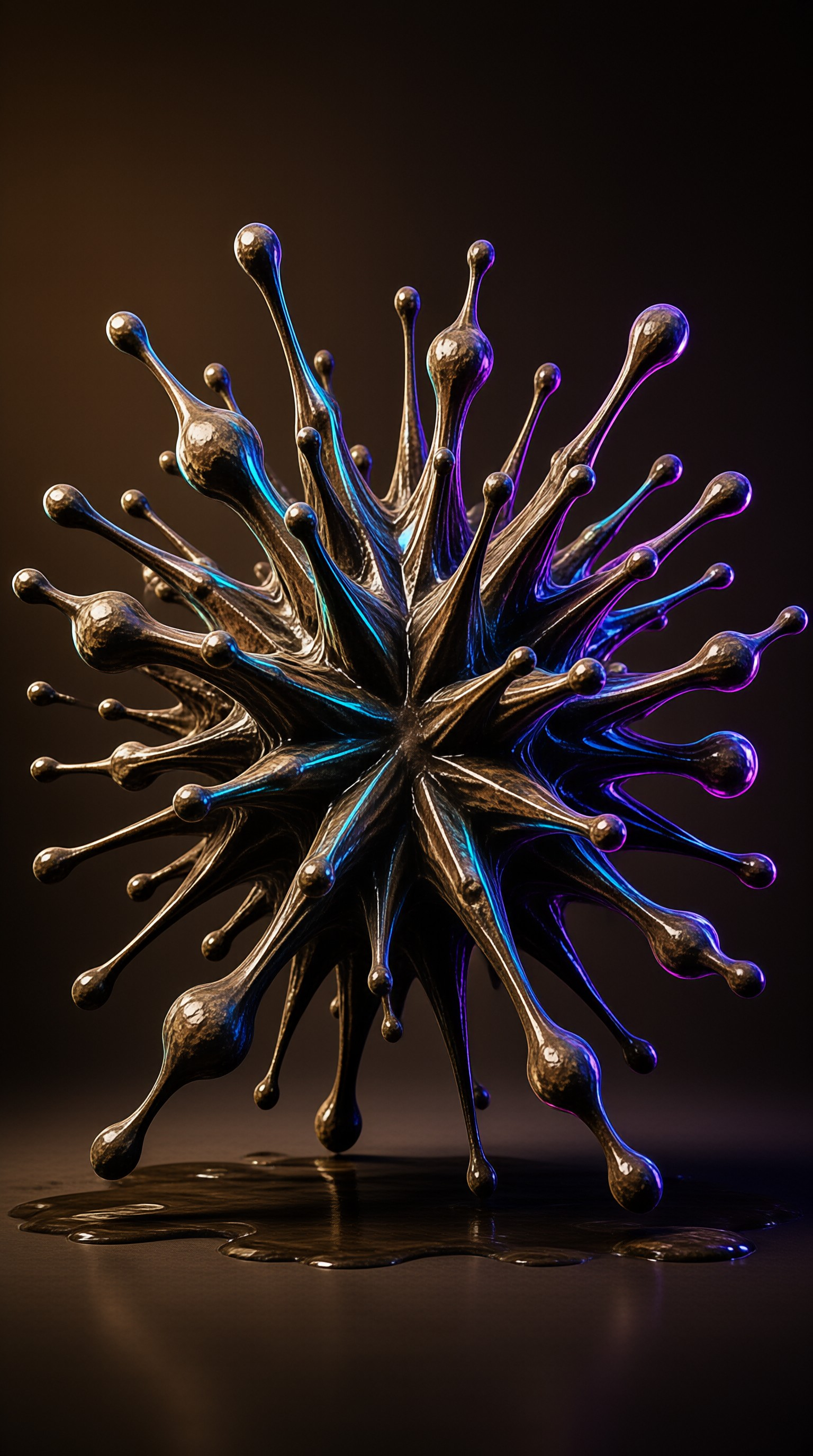 A shiny metallic liquid splash sculpture sits on a dark surface, its pointed protrusions edged with cyan and purple light.