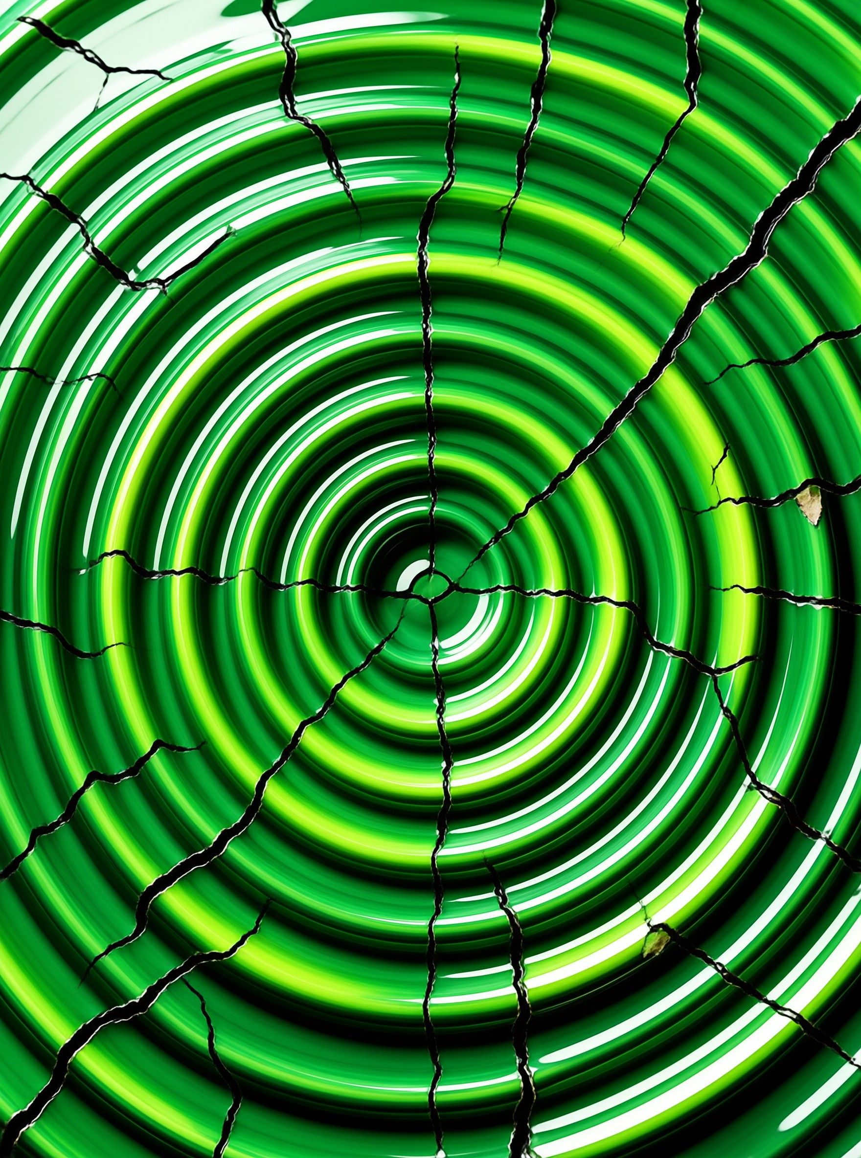 Concentric bands of emerald and lime green radiate from a dark center, split by thin black cracks running outward.