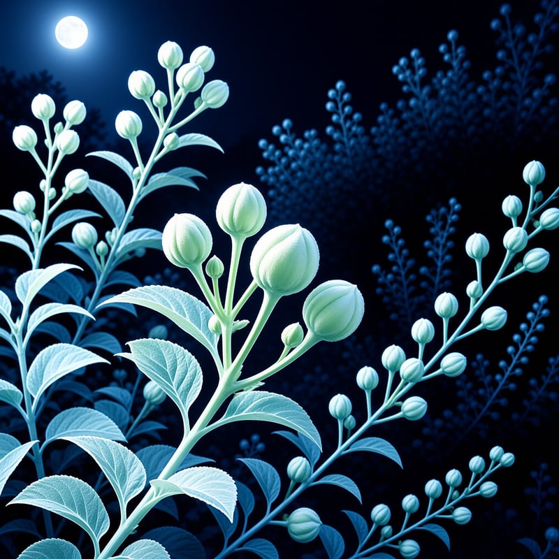 Pale flower buds and leaves are illuminated by a bright moon against a deep blue night sky.