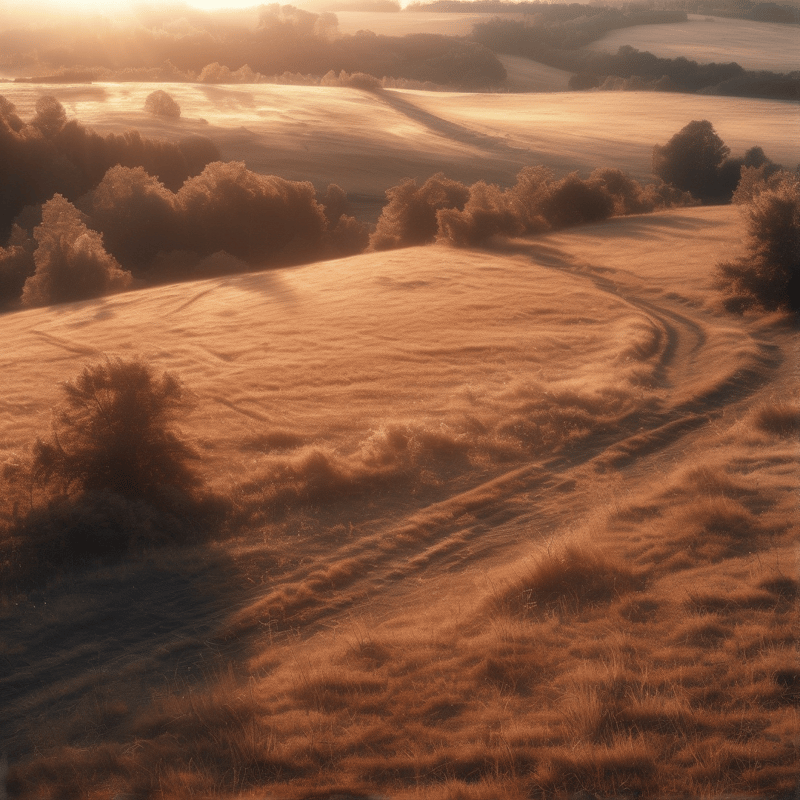 An elevated view of rolling countryside hills with winding dirt paths under warm golden morning haze